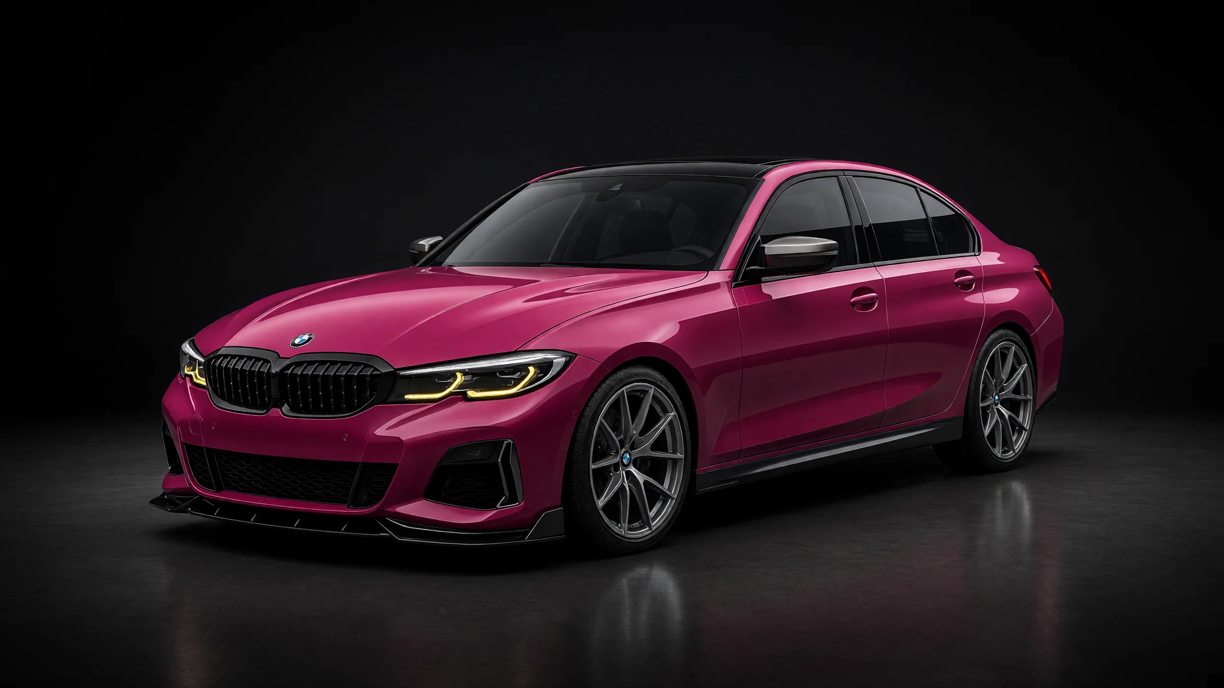 Render of a pink BMW M340i sedan, front three-quarter, in a dark studio